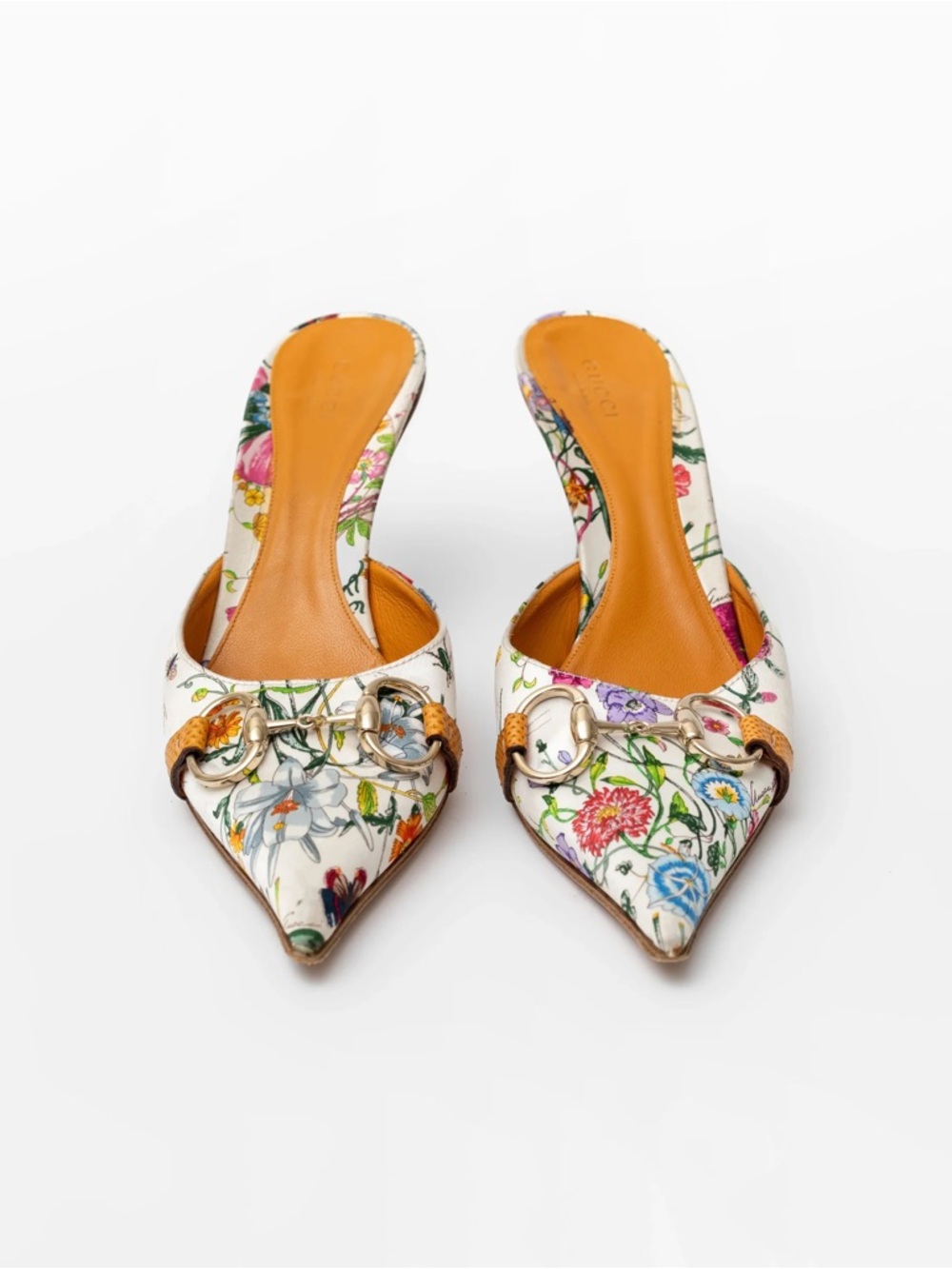 Gucci Floral Pointed Mule Heels - White Flora
